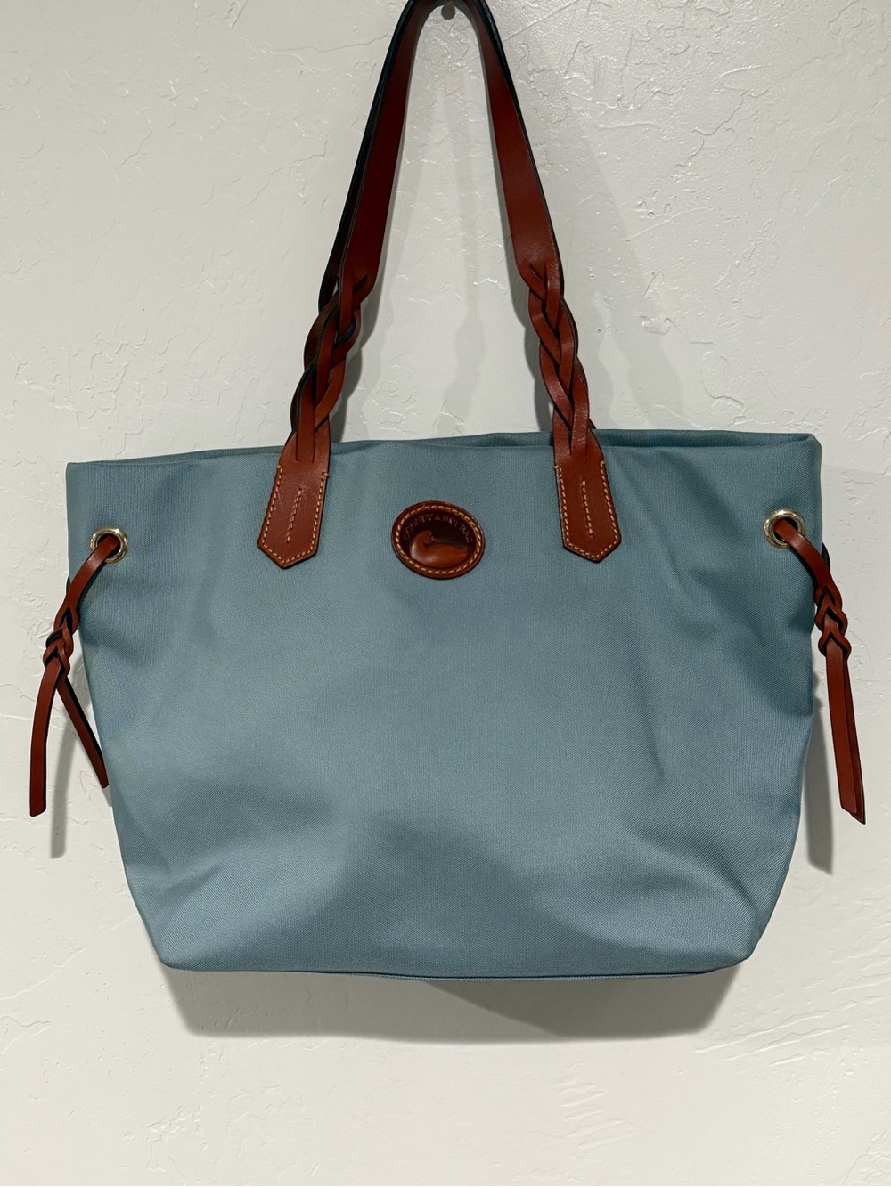 Dooney & Bourke Blue Nylon Tote Bag Braided Leather Straps Red Lining Large - Picture 2 of 13